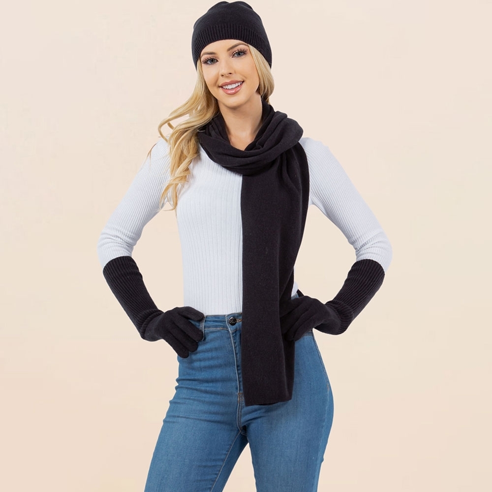 Black Knit Gloves Beanie Hat and Scarf Set Winter Fashion Accessory 3PCS